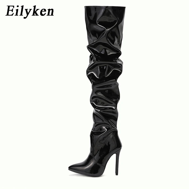 Eilyken High Quality Pleated Patent Leather Motorcycle Over The Knee Boots Women Fashion Pointed Toe Zip Thigh High Lady Shoes