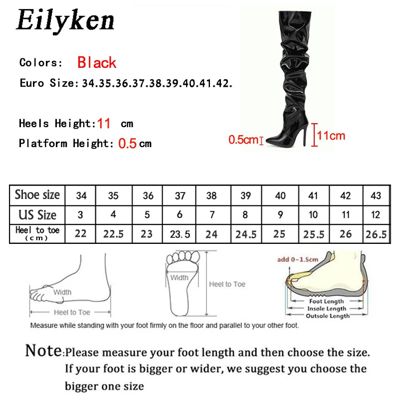 Eilyken High Quality Pleated Patent Leather Motorcycle Over The Knee Boots Women Fashion Pointed Toe Zip Thigh High Lady Shoes