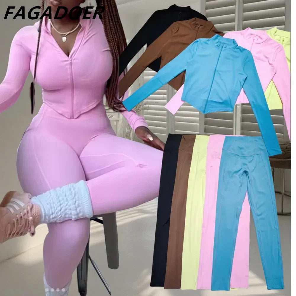 FAGADOER Candy Color Sporty 2pcs Sets Outfits Quality Stretchy Tracksuit Female Workout Streetwear Jacket + Leggings  Pants Suit