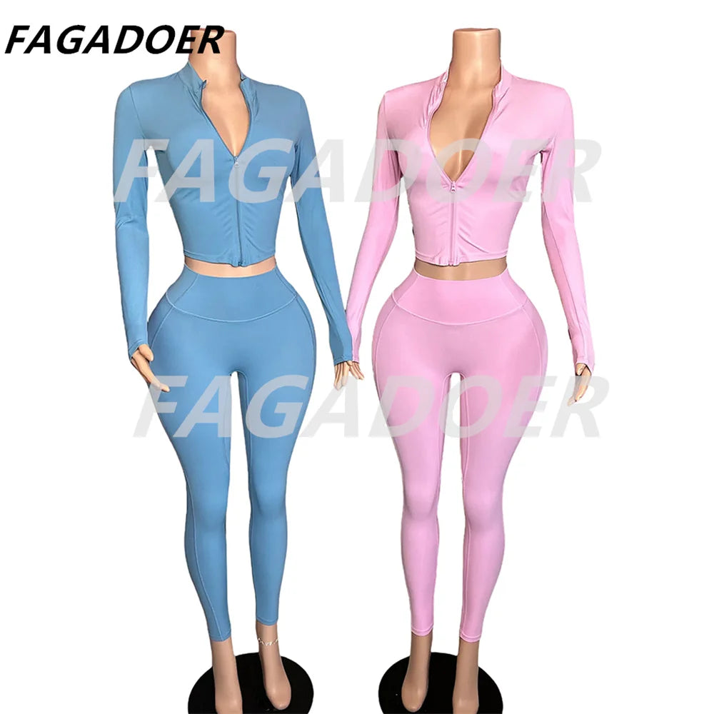 FAGADOER Candy Color Sporty 2pcs Sets Outfits Quality Stretchy Tracksuit Female Workout Streetwear Jacket + Leggings  Pants Suit