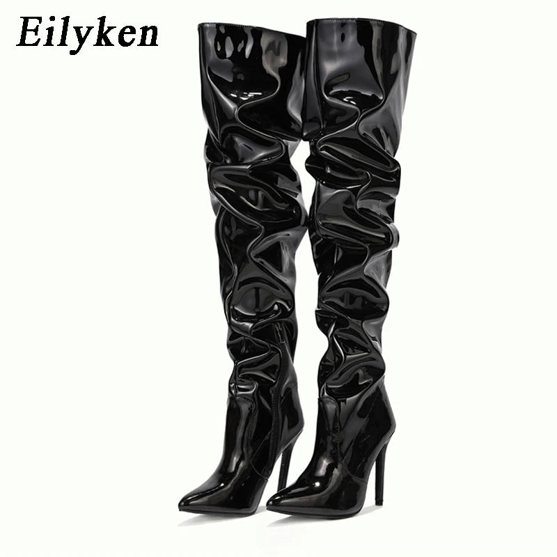 Eilyken High Quality Pleated Patent Leather Motorcycle Over The Knee Boots Women Fashion Pointed Toe Zip Thigh High Lady Shoes