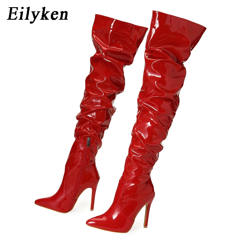 Eilyken High Quality Pleated Patent Leather Motorcycle Over The Knee Boots Women Fashion Pointed Toe Zip Thigh High Lady Shoes