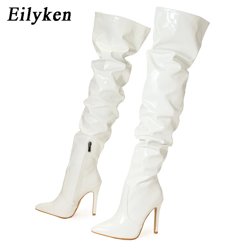 Eilyken High Quality Pleated Patent Leather Motorcycle Over The Knee Boots Women Fashion Pointed Toe Zip Thigh High Lady Shoes