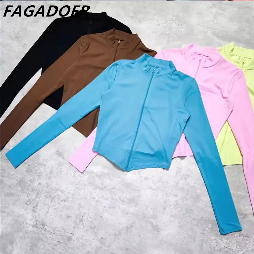 FAGADOER Candy Color Sporty 2pcs Sets Outfits Quality Stretchy Tracksuit Female Workout Streetwear Jacket + Leggings  Pants Suit